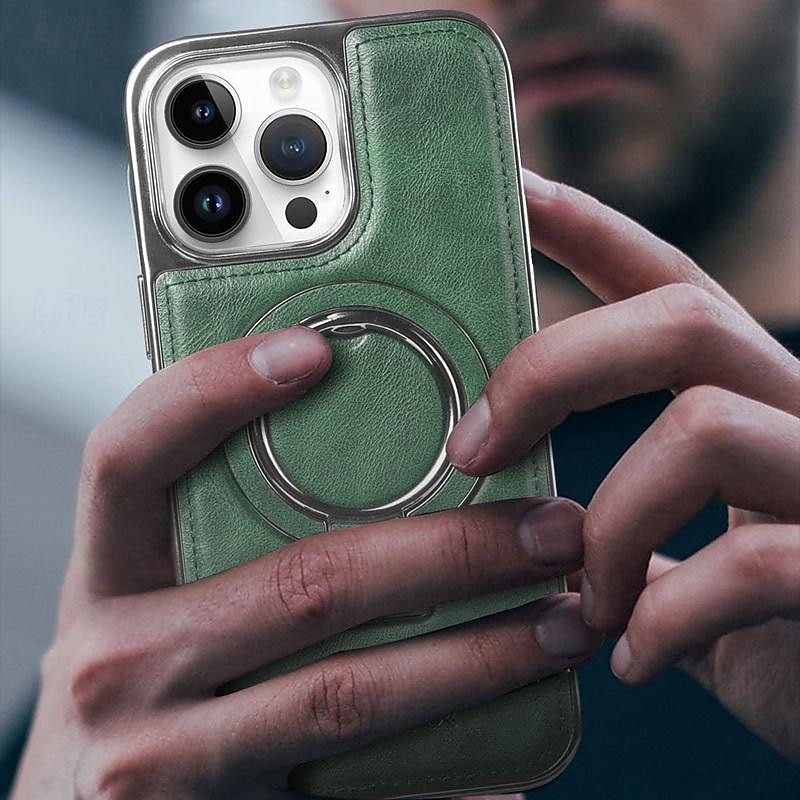 Phone Case For iPhone 16 15 14 Pro Max Plus 13 12 11 Pro Max Back Cover Ring Holder Magnetic Support Wireless Charging Retro Genuine Leather Stainless Steel2