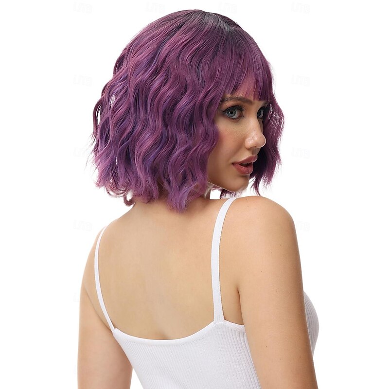 Sliver Purple Green Pink Wavy Bob Wig with Bangs Natural Ombre Purple Wig Synthetic Hair Shoulder Length Short Curly Wigs for Women2