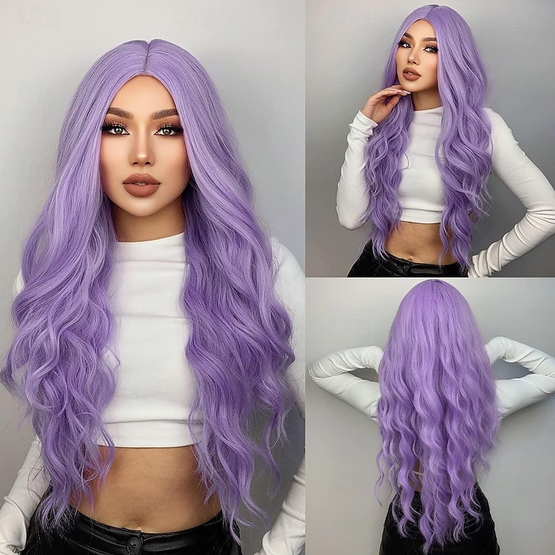 Purple Blonde Rainbow Body Wave Synthetic Wigs For Women 26 Inch Long Curly Hair For Cosplay Girls and Women Halloween Party Or Daily Use Wig