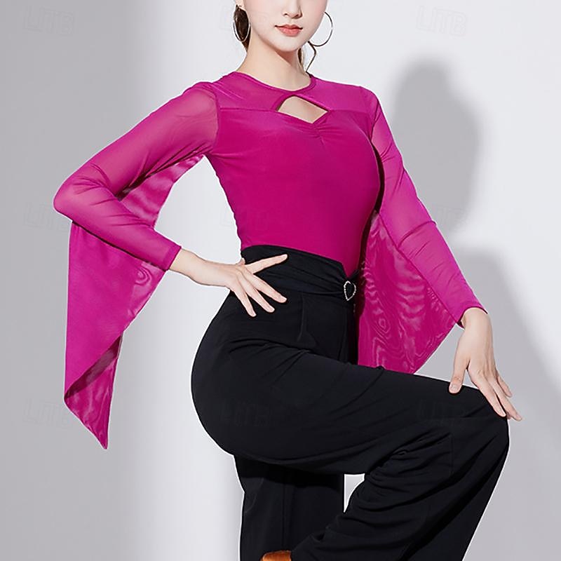 Latin Dance Ballroom Dance Leotard / Onesie Hollow-out Pure Color Splicing Women's Performance Training Long Sleeve High Polyester3