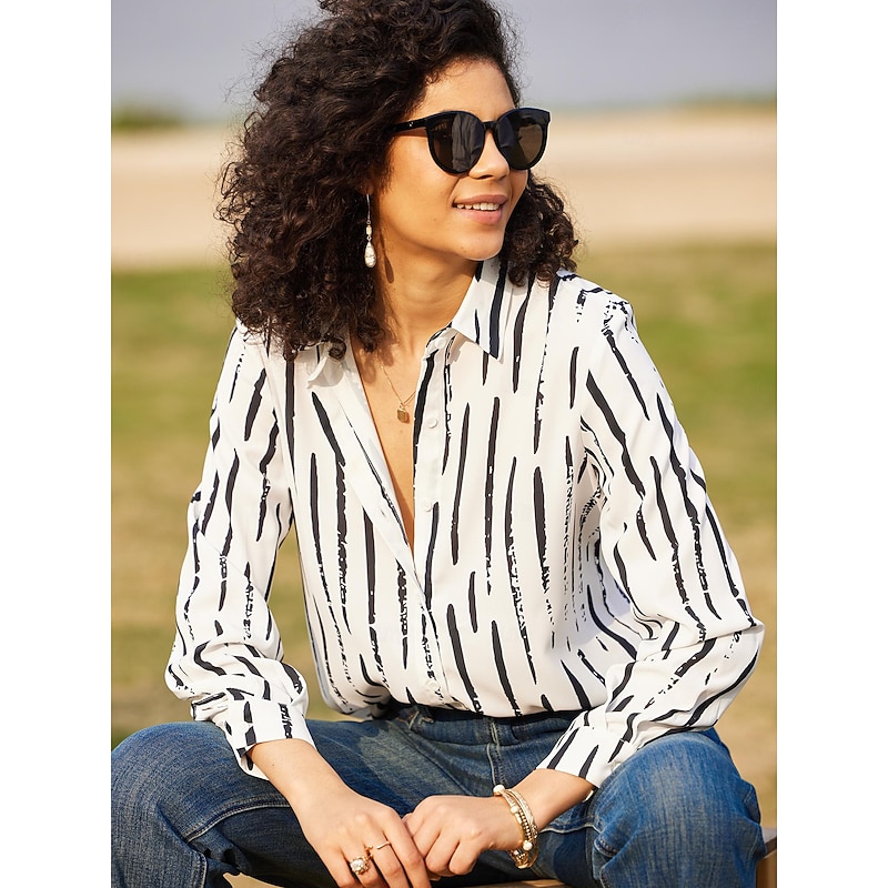 Women's Shirt Long Sleeve Button Down Blouse Basic Striped Buttons Print Regular Tops Shirt Collar Casual Black White Spring Fall3