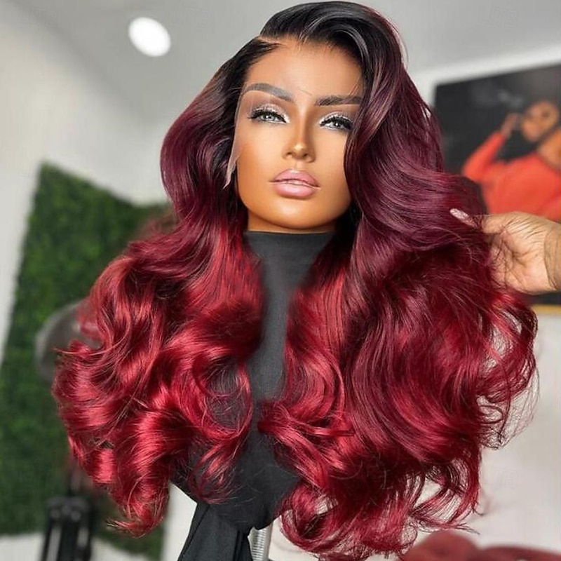 Unprocessed Virgin Hair 13x4 Lace Front Wig Free Part Brazilian Hair Wavy Burgundy Wig 130% 150% Density Ombre Hair 100% Virgin Pre-Plucked For Women Long Human Hair Lace Wig4