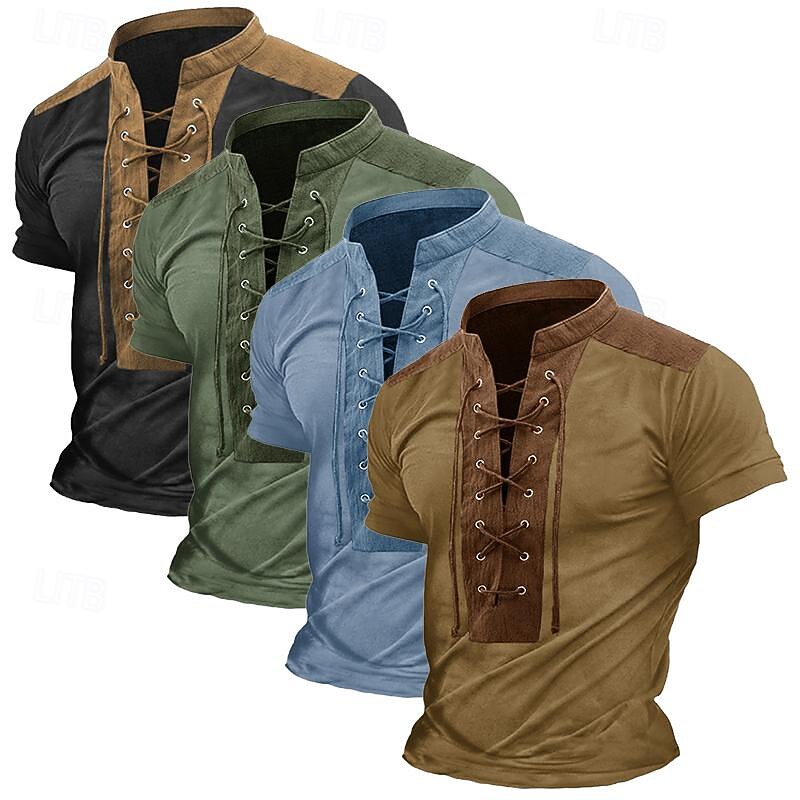 Men's Henley Shirt Tee Top Color Block Drawing Henley Outdoor Casual Short Sleeve Button Clothing Apparel Fashion Designer Comfortable