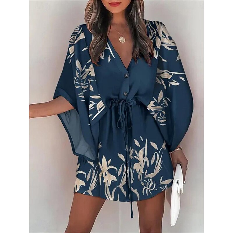 Women's Casual Dress Floral Leaf Button Drawstring V Neck Mini Dress Hawaiian Stylish Daily Vacation 3/4 Length Sleeve Summer3