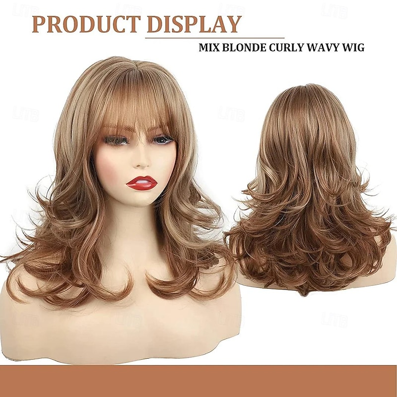 Medium Mixed Blonde Curly Wavy Wig Synthetic Wig Yaki Straight With Bangs Wig Medium Length Blonde Synthetic Hair Women's Blonde2