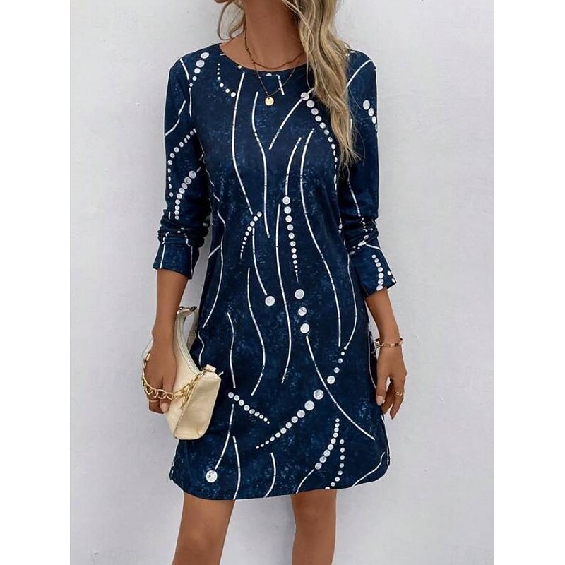 Women's Midi Dress Round Neckline Abstract Beaded Constellation Pattern A-Line Three Quarter Sleeve Velvet Texture Navy Blue Casual to Formal Occasions4
