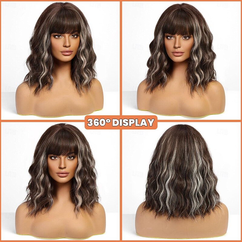 Short Wavy Brown Wig with Bangs Short Dark Brown Highlight Bob Wigs for Women Wavy Bob Wig with Bangs Synthetic Natural Looking Wigs 14 inch3