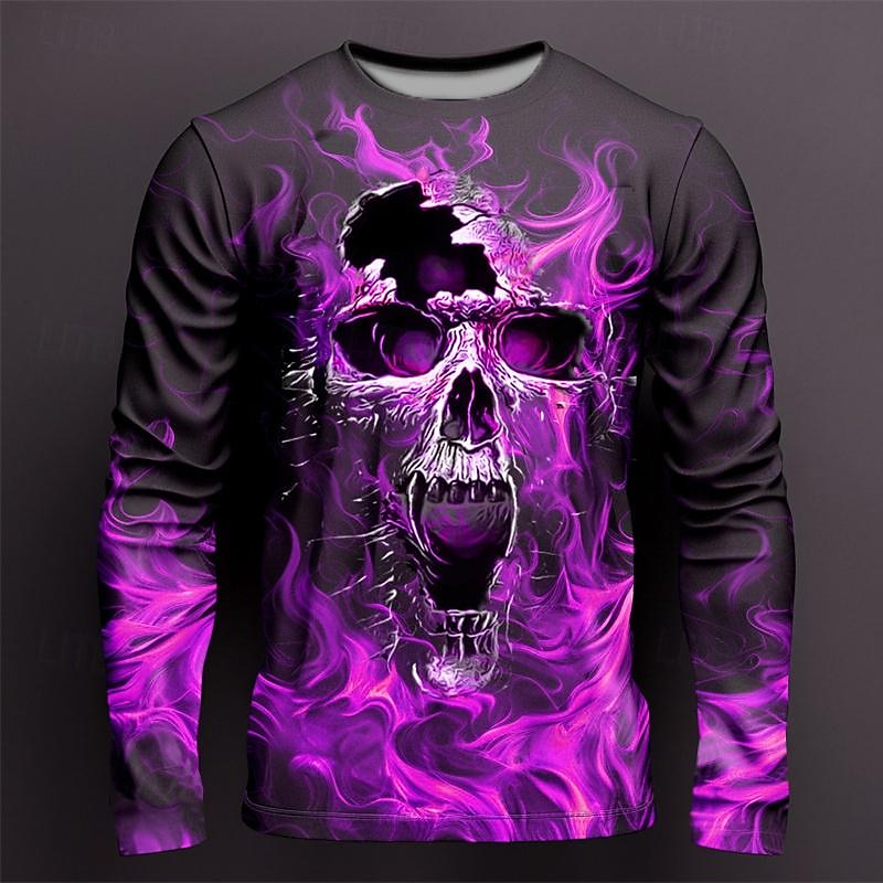 Men's Graphic Flame Skulls T Shirt Long Sleeve T shirt 3D Print Crew Neck Shirt Fashion Designer Casual Sports Outdoor Holiday Going out Deep Purple Yellow Purple Spring &  Fall Clothing Apparel S M4