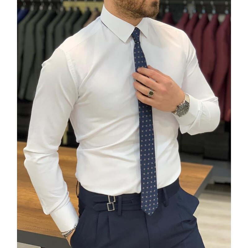 Men's Dress Shirt Homecoming Standard Fit Long Sleeve Lapel Solid Color Polyester Black White 20252