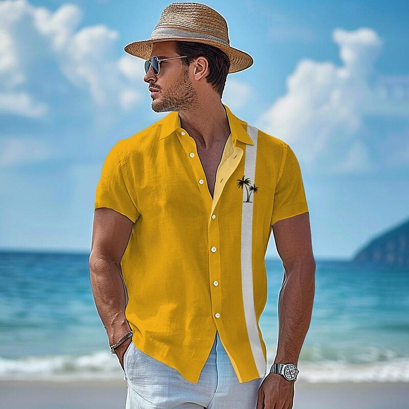 Men's Stripe Coconut Palm Tropical Plants Shirt Summer Shirt Casual Shirt Short Sleeve Shirt Lapel Hawaiian Comfortable Resort Vacation Casual Daily Yellow Blue S M L4