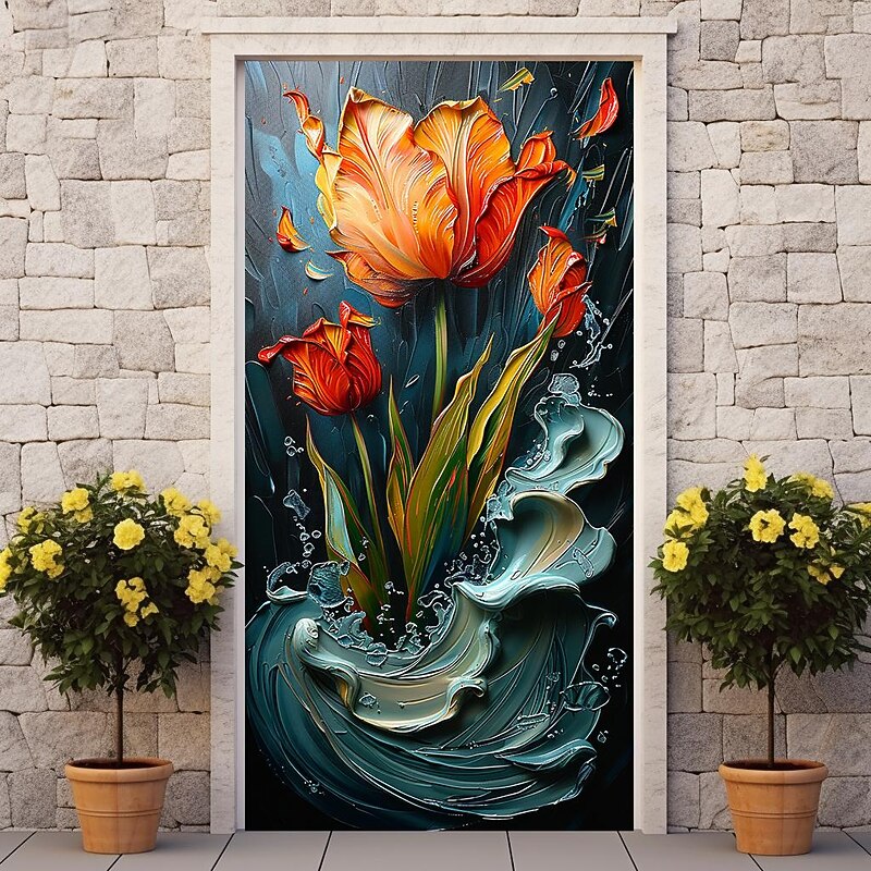 3D Flowers Door Covers Mural Decor Door Tapestry Door Curtain Decoration Backdrop Door Banner Removable for Front Door Indoor Outdoor Home Room Decoration Farmhouse Decor Supplies3