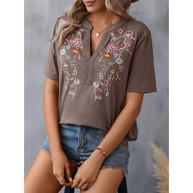 Women's Lace Shirt T Shirt Floral Fashion Modern Half Sleeve V Neck Regular Tops Vacation Daily Lace Patchwork Embroidered Black Army Green Navy Blue Purple Brown Summer2