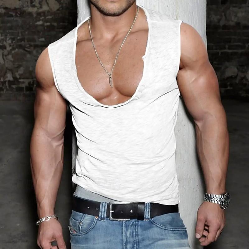 Cotton Blend Men's Tank Top  Deep U Neck Vest Undershirt Sleeveless Shirt PlainStreet Casual Sleeveless Crewneck Fashion Classic Comfortable White Tank Top