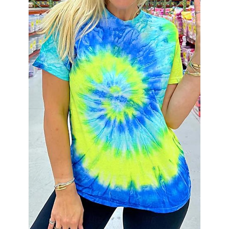 Women's T Shirt Tee Tie Dye Green Short Sleeve Crew Neck Vacation Stylish Summer3