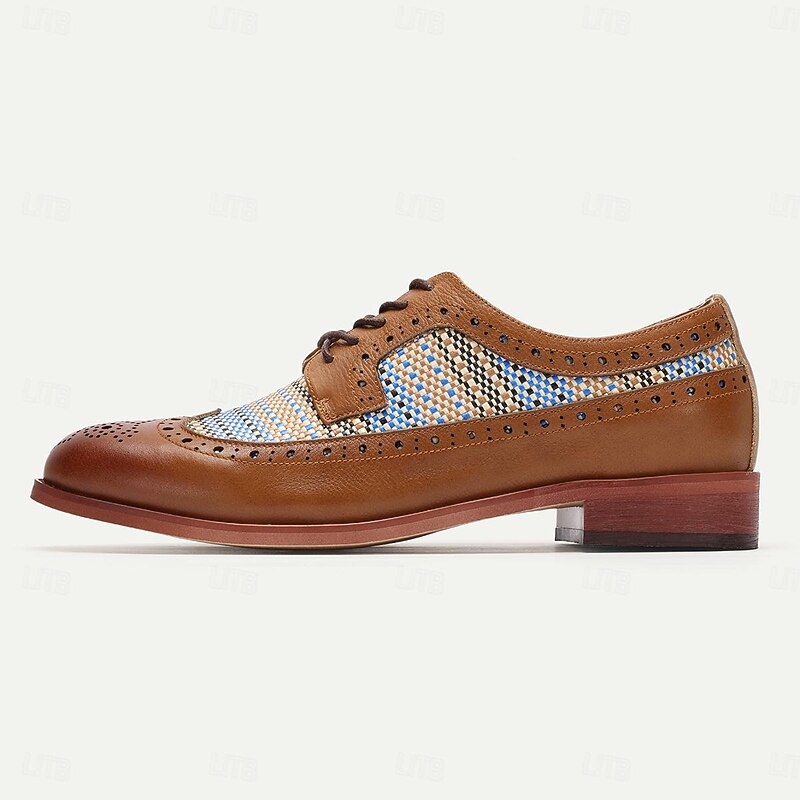Men's Tan Faux Leather Brogue Oxfords with Blue Nylon Woven Insets - Business Casual Wear4