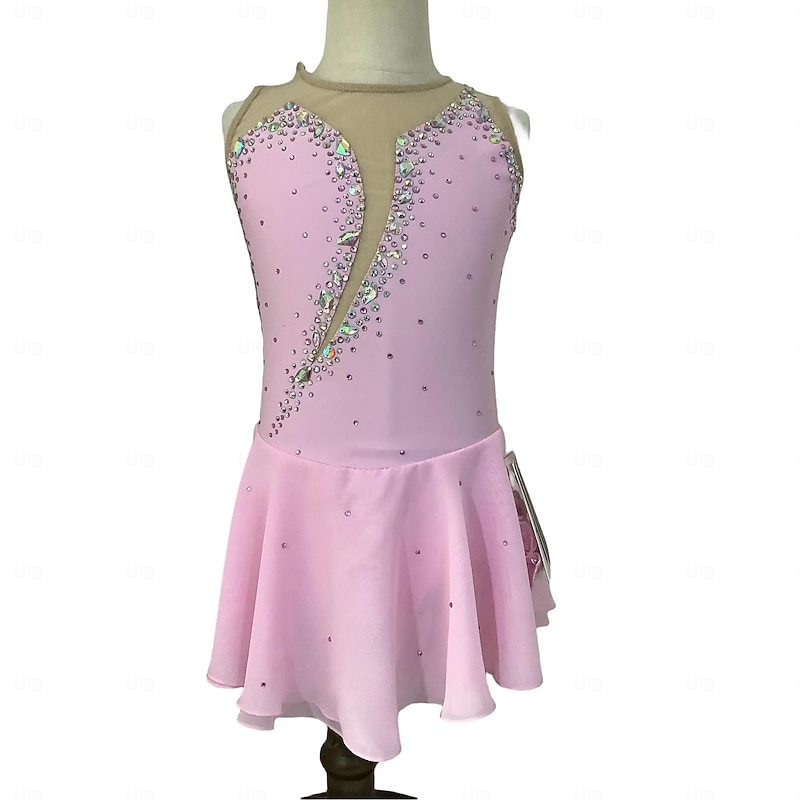Figure Skating Dress Women's Girls' Ice Skating Dress Pink Champagne Open Back Mesh Spandex Stretchy Training Practice Professional Skating Wear Thermal Warm Classic Crystal / Rhinestone Sleeveless