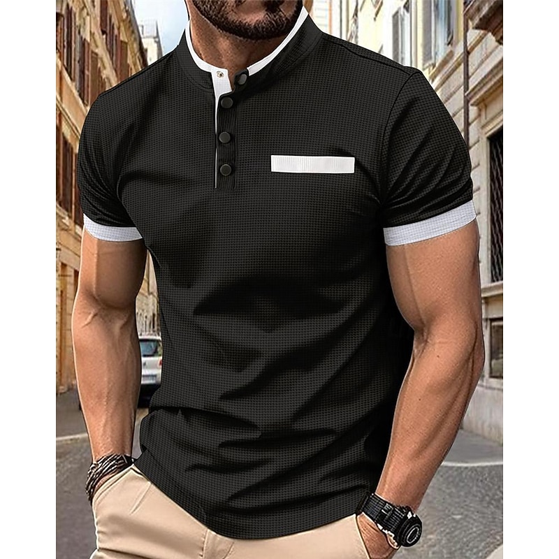 Men's Golf Shirt Golf Polo Work Casual Stand Collar Short Sleeve Basic Modern Color Block Patchwork Button Spring & Summer Regular Fit Wine Black White Navy Blue Khaki Golf Shirt3