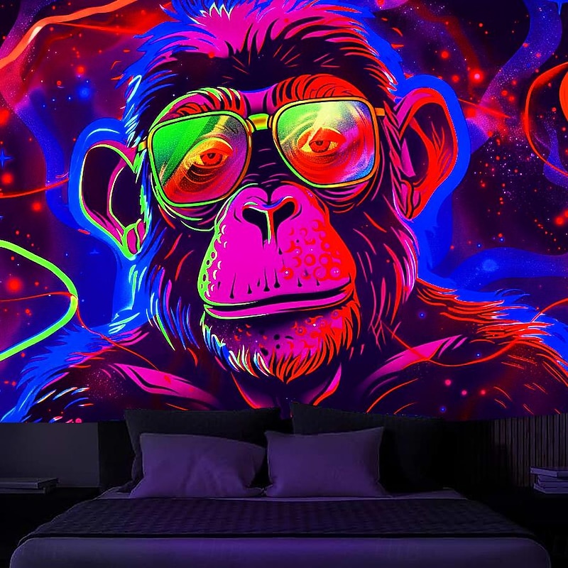 Blacklight Tapestry UV Reactive Glow in the Dark Glow Party Neon Chimpanzees Psychedelic Trippy Misty Hanging Tapestry Wall Art Mural for Living4
