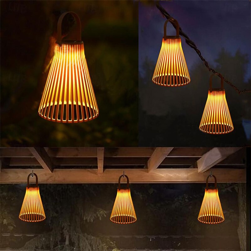 Hanging Lmap Rattan Solar Retro Bamboo Weaving Lamp Outdoor Waterproof Atmosphere Pendant Lamp Courtyard Garden Balcony Simulation Lantern Vine Weaving Handheld Lamp Festival Party Decorative Lamp 1PC2