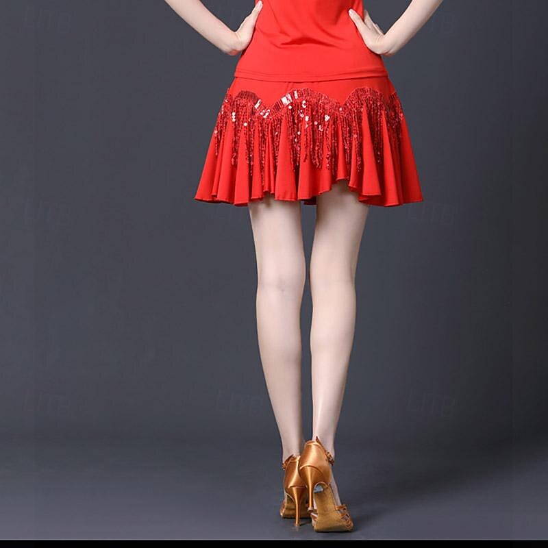 Latin Dance Ballroom Dance Skirts Tassel Pure Color Splicing Women's Performance Training High Polyester3