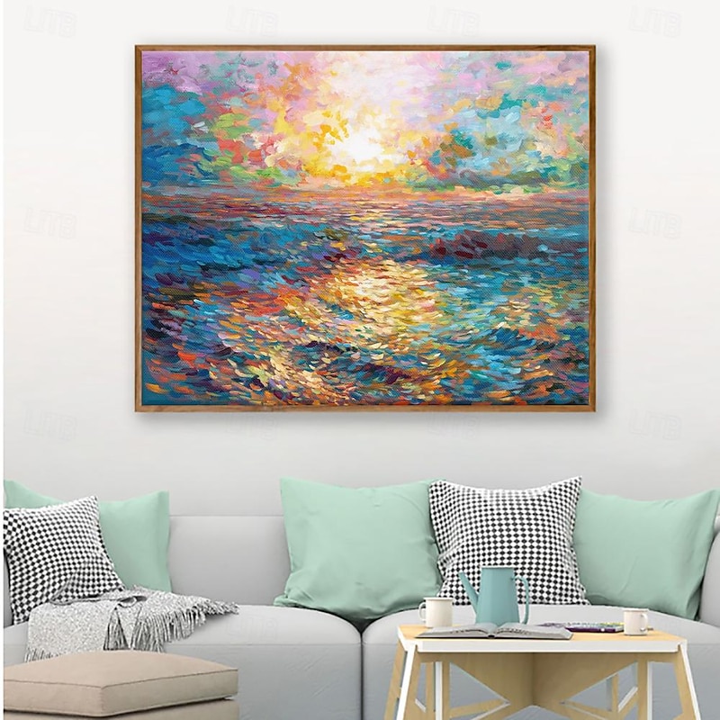 Handmade Oil Painting Canvas Wall Art Decoration Contemporary Impression Golden Sunrise Over the Sea Landscape for Home Decor Rolled Frameless Unstretched Painting