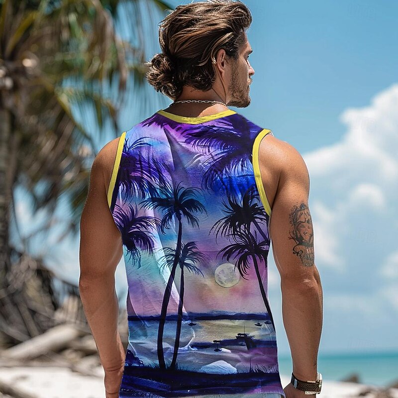Men's Ombre Graphic Coconut Palm Tank Top Vest Top Sleeveless T Shirt for Men Sleeveless T shirt 3D Print Crew Neck Shirt Vacation Tropical Fashion Casual Hawaiian Holiday Purple Summer Spring2