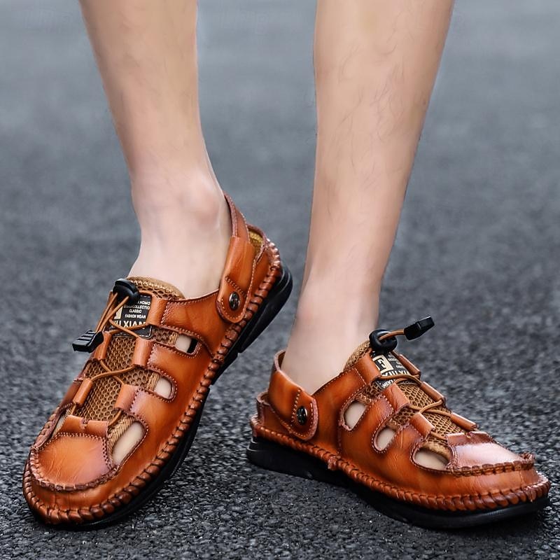 Men's Brown Faux Leather Outdoor Fisherman Sandals – Breathable Casual Slip-On Shoes with Adjustable Strap for Summer Hiking and Walking3