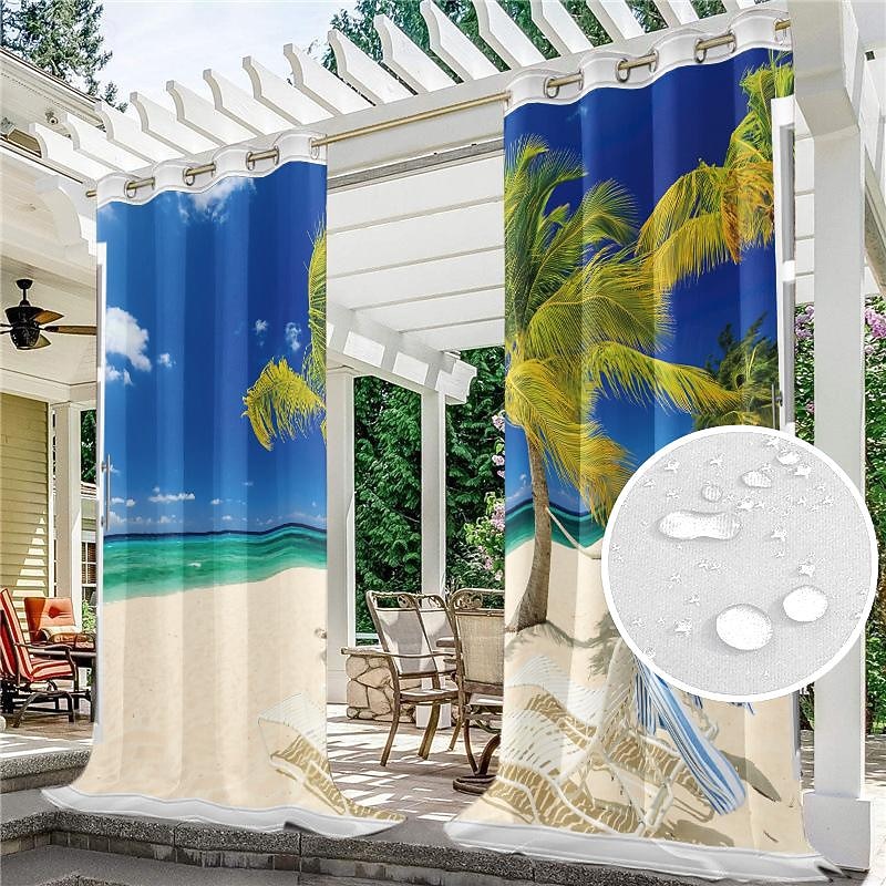 Outdoor Curtains Waterproof Windproof Weatherproof Curtain for Patio, Cabana, Porch, Pergola and Gazebo, Grommet Top Drape, 2 Panels Beach Palm3