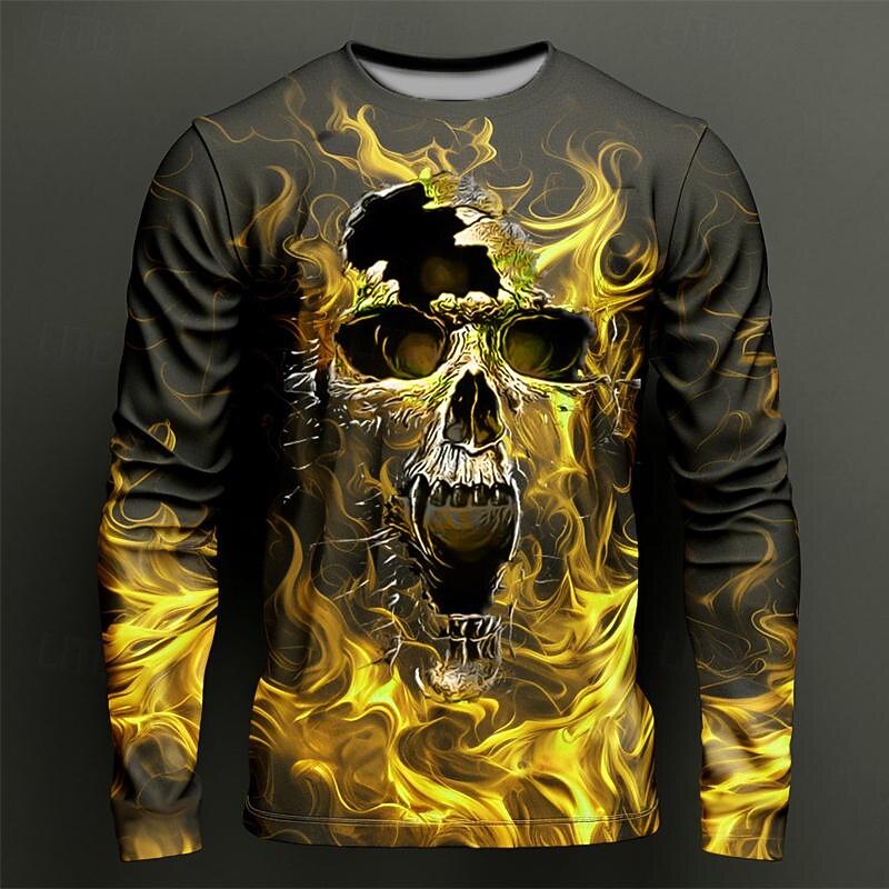 Men's Graphic Flame Skulls T Shirt Long Sleeve T shirt 3D Print Crew Neck Shirt Fashion Designer Casual Sports Outdoor Holiday Going out Deep Purple Yellow Purple Spring &  Fall Clothing Apparel S M