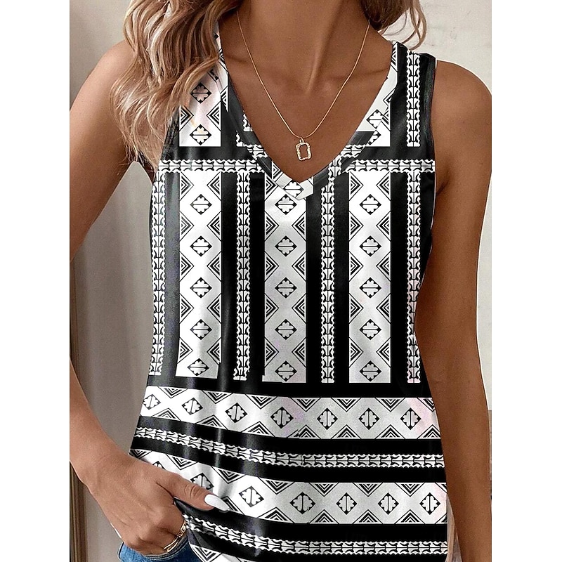 Women's Camisole Tank Top Vest Vintage Ethnic Boho Geometric Print Sleeveless Regular Tops V Neck Vacation Black Summer3