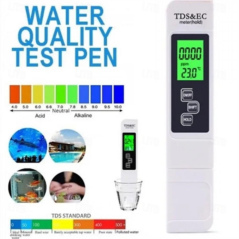 3 In1 Meter Digital Water Quality Tester TDS EC Meter Temperature Tester Pen Multifunctional Digital Water Quality Tester For Water Purity TEMP PPM Tester TDS Meter Digital Water Quality Tester