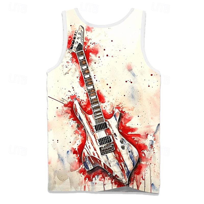 Men's Guitar T Shirt Vest Top Sleeveless T shirt 3D Print Crew Neck Shirt Vacation Retro Vintage Street Daily Holiday White 1 White Red Summer Spring Clothing Apparel S M L XL XXL XXXL2