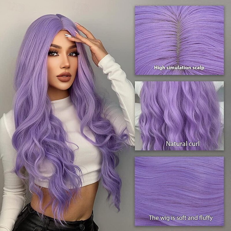 Purple Blonde Rainbow Body Wave Synthetic Wigs For Women 26 Inch Long Curly Hair For Cosplay Girls and Women Halloween Party Or Daily Use Wig3
