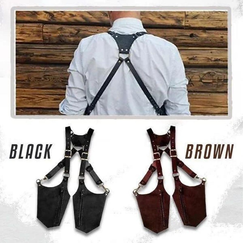 Double Shoulder Armpit Bag,Vintage Leather Men's Suspenders Shoulder Bag Outdoor Crossbody Phone Bag with Adjustable Zippered Pouch, Universally Compatible Wallet for Both Sides2
