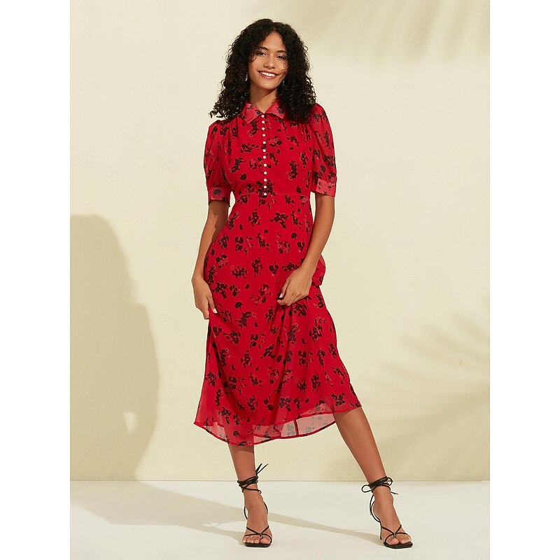 Chiffon Floral Print Puff Sleeve Midi Dress