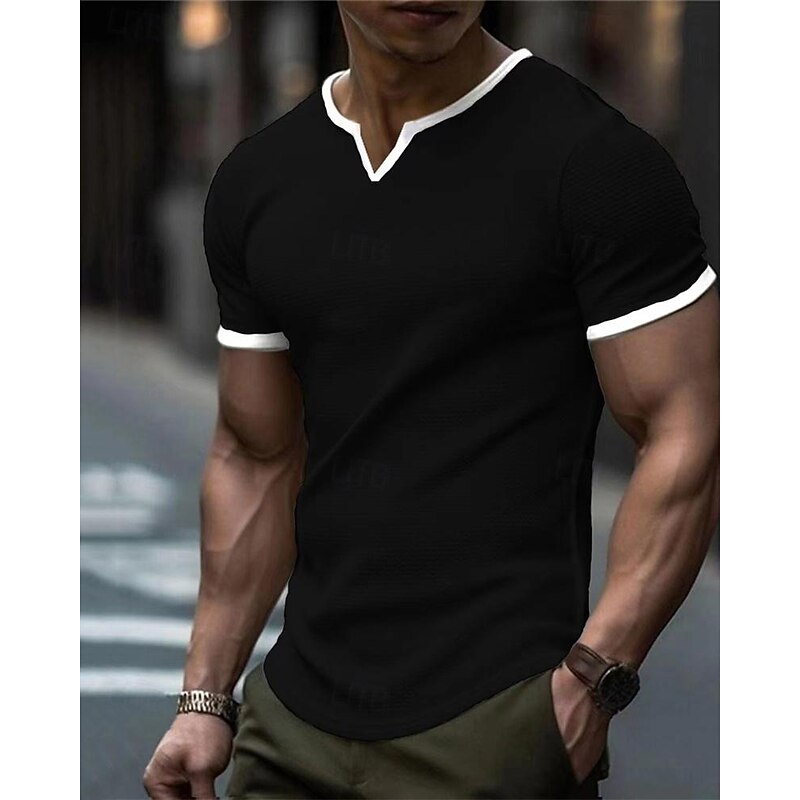 Men's T Shirt Tee Short Sleeve Shirt Tee Top Short Sleeve V Neck Spring & Summer Color Block Fashion Designer Basic Patchwork Vacation Street Going out Black White Green Top Tee for Men3