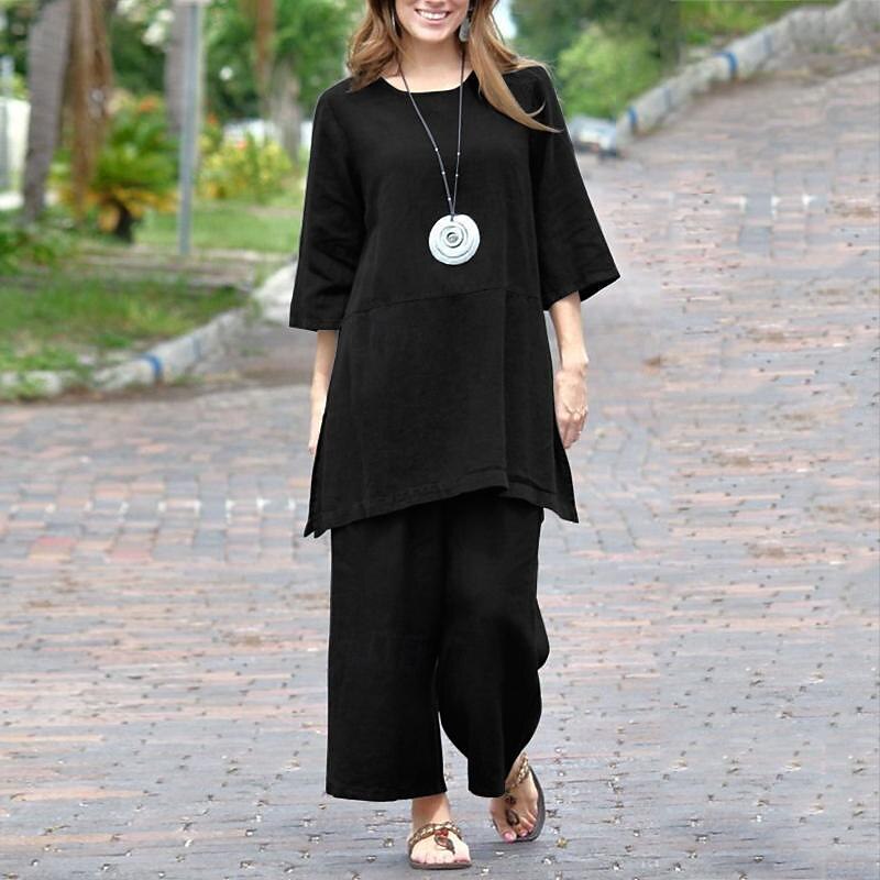 Women's Shirt Cotton Linen Shirts Set Plain Fashion Round Neck Street Daily 2 Piece Black Army Green Orange Summer 5