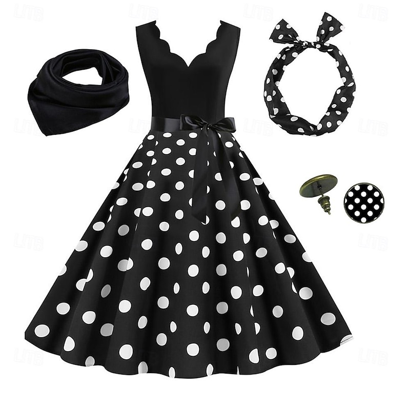 Women's A-Line Rockabilly Dress Polka Dots Swing Dress Flare Dress with Accessories Set 1950s Grease Outfits 60s Retro Vintage with Headband Scarf Earrings For Vintage Swing Party Dress3