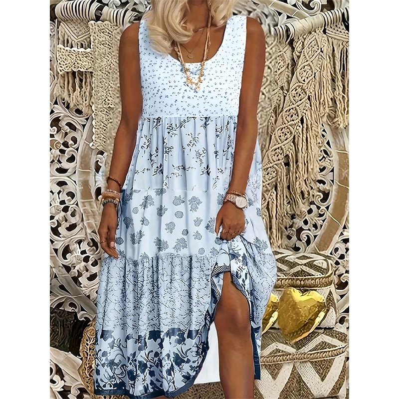 Women's Graphic Print Crew Neck Midi Dress Bohemia Casual Home Date Sleeveless Summer