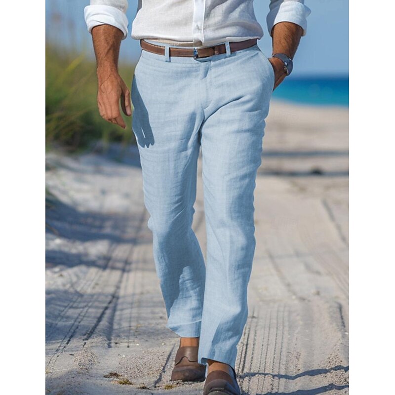 Men's Linen Pants Trousers Dress Pants Summer Pants Beach Pants Straight Leg Plain Comfort Outdoor Casual Daily Streetwear Stylish White Navy Blue4