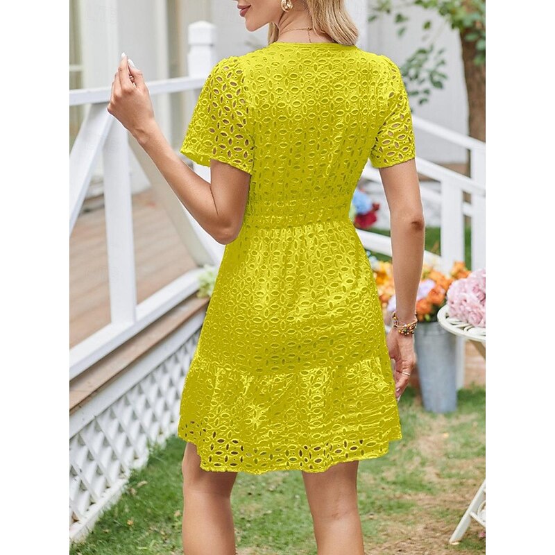 Women's White Dress Mini Dress Lace Eyelet Vacation Casual Split Neck Short Sleeve Black White Yellow Color 18