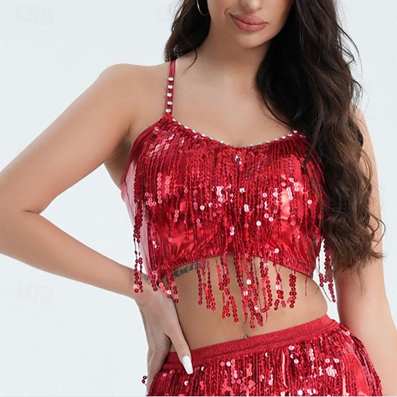 Belly Dance Top Glitter Tassel Pure Color Women's Performance Training Sleeveless High Polyester2