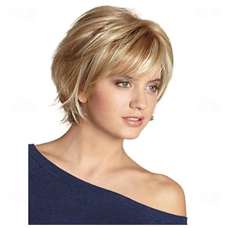 Short Pixie Wigs for Women Layered Synthetic Wig With Bangs Wig Short Synthetic Hair Brown Blonde Dark Brown Ombre Blonde