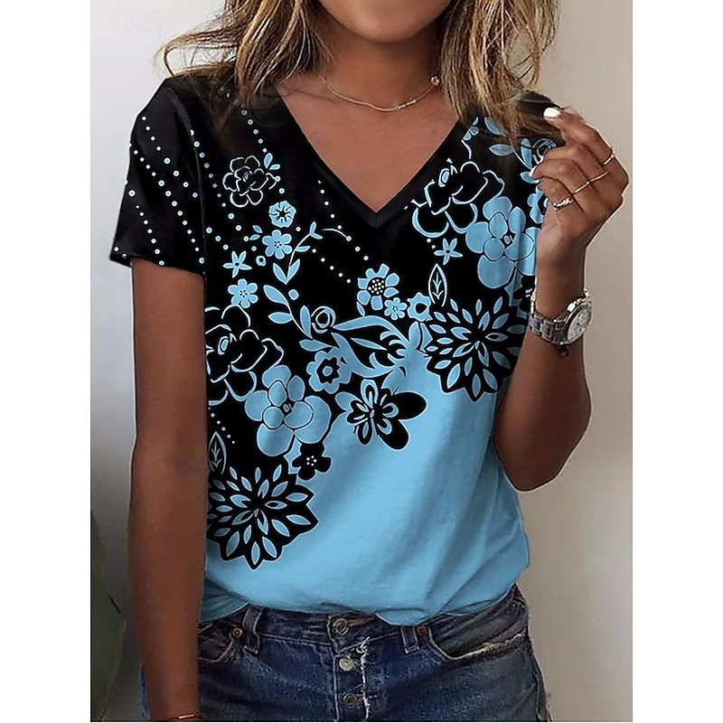 Women's T Shirt Floral Fashion Short Sleeve V Neck Regular Tops Vacation Weekend Print White Pink Blue Purple Green Summer4