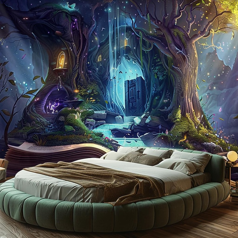 Fantasy Dream Tree House Hanging Tapestry Wall Art Large Tapestry Mural Decor Photograph Backdrop Blanket Curtain Home Bedroom Living Room Decoration 5