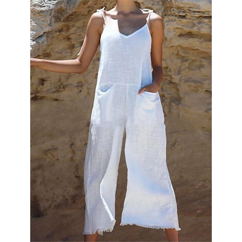 Women's Normal Overall Streetwear Solid Color Sleeveless V Neck Pocket Street Daily Regular Fit White Pink Orange Summer