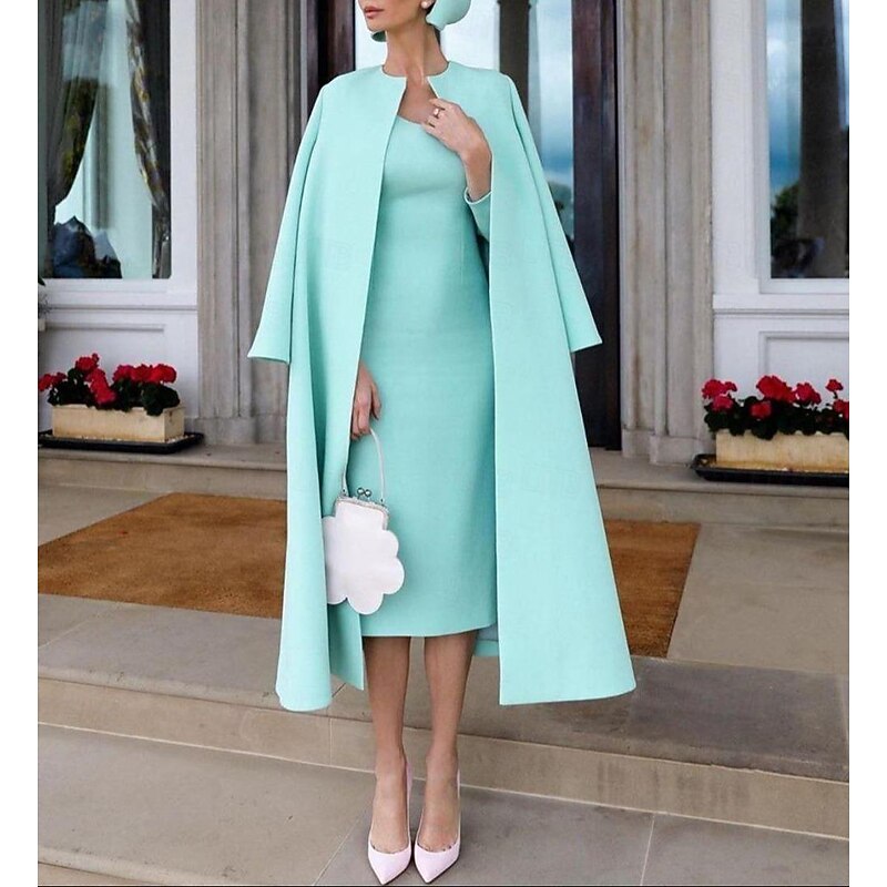Two Piece Sheath Mother of the Bride Dress Wedding Guest Church Elegant Jewel Neck Knee Length Stretch Fabric Half Sleeve Jacket Dresses with Solid Color Race Day Dress3