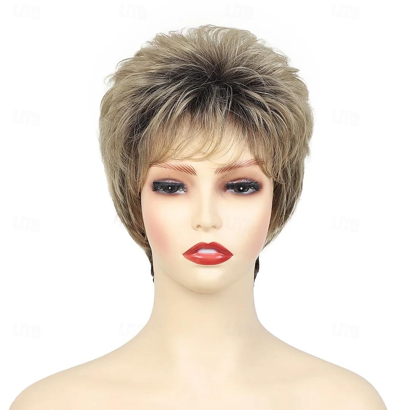 Wig Natural Wave Asymmetrical With Bangs Wig Short Golden Blonde Synthetic Hair Women's Classic Blonde Short Blonde Pixie Cut Wig4