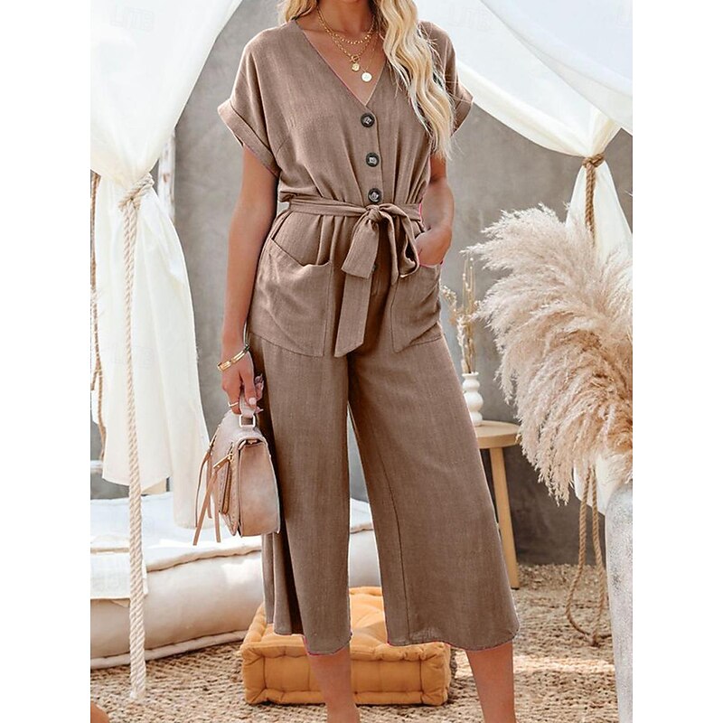 Women's Normal Jumpsuit Basic Solid Color Short Sleeve Shirt Collar Lace up Pocket Street Daily Regular Fit Black Army Green Khaki Summer4