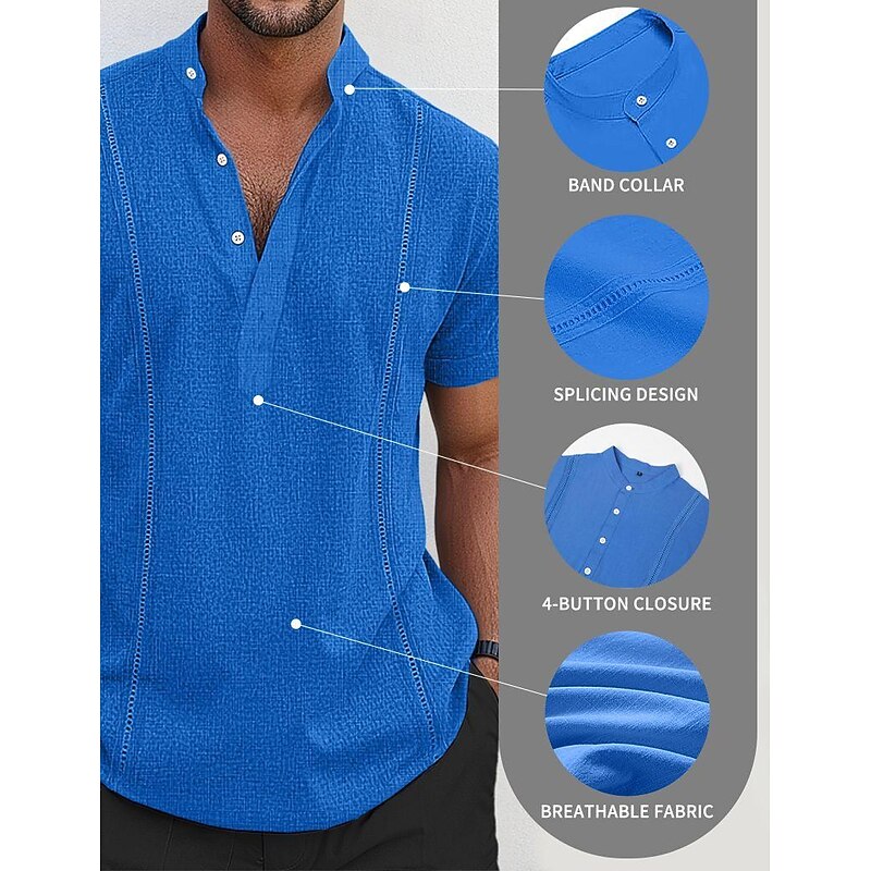 Men's Shirt Linen Shirt Guayabera Shirt Popover Shirt Summer Shirt Beach Wear Plain Vacation Casual White Navy Blue Blue Khaki Short Sleeve Collar Summer Clothing Apparel2